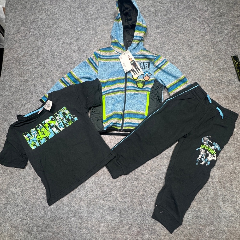 Marvel Avengers 3 Piece Set Hoodie T-Shirt Joggers Boys 3T Blue Green Black New